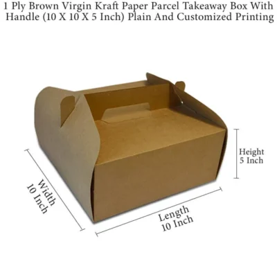 5 pack  1 Ply Brown Virgin Kraft Paper Parcel Takeaway Box With Handle (10 X 10 X 5 Inch) Plain And Customized Printing
