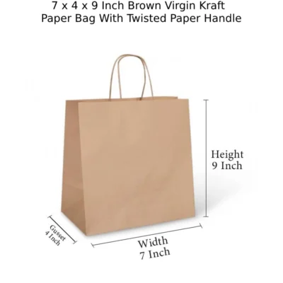 4 pack 7 X 4 X 9 Inch Brown Virgin Kraft Paper Bag With Twisted Paper Handle