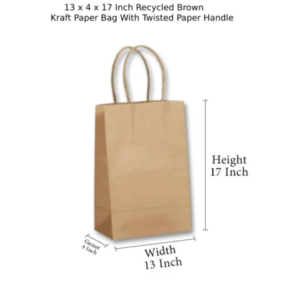 4 pack13 X 4 X 17 Inch Recycled Brown Kraft Paper Bag With Twisted Paper Handle