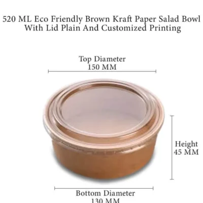 3 pack 520 ML Eco Friendly Brown Kraft Paper Salad Bowl With Lid Plain And Customized Printing