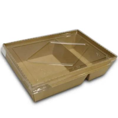 3 pack 2100 ML Brown Kraft Paper Two Compartment Meal Tray With Transparent Pet Lid