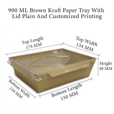 3 pack  900 ML Brown Kraft Paper Meal Tray With Transparent Pet Lid Plain And Customized Printing