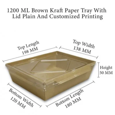 3 pack 1200 ML Brown Kraft Paper Meal Tray With Transparent Pet Lid Plain And Customized Printing