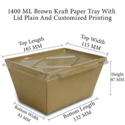 3 pack  1400 ML Brown Kraft Paper Meal Tray With Transparent Pet Lid Plain And Customized Printing