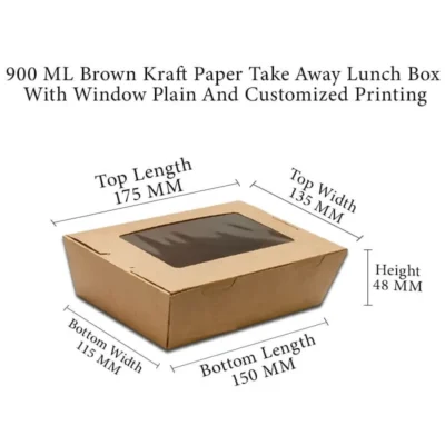 6 pack  900 ML Brown Kraft Paper Meal Box Side Lock With Transparent Window Plain And Customized Printing