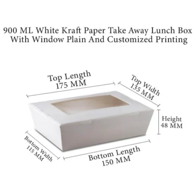 6 pack  900 ML White Kraft Paper Meal Box Side Lock With Transparent Window Plain And Customized Printing