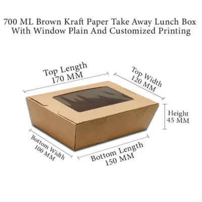 6 pack 700 ML Brown Kraft Paper Meal Box Side Lock With Transparent Window Plain And Customized Printing