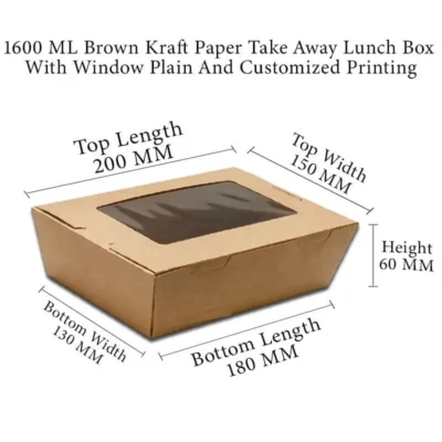 6 pack 1600 ML Brown Kraft Paper Meal Box Side Lock With Transparent Window Plain And Customized Printing