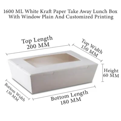6pack  1600 ML White Kraft Paper Meal Box Side Lock With Transparent Window Plain And Customized Printing