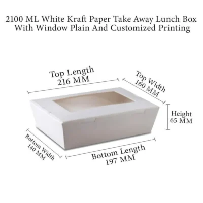 6 pack  2100 ML White Kraft Paper Meal Box Side Lock With Transparent Window Plain And Customized Printing